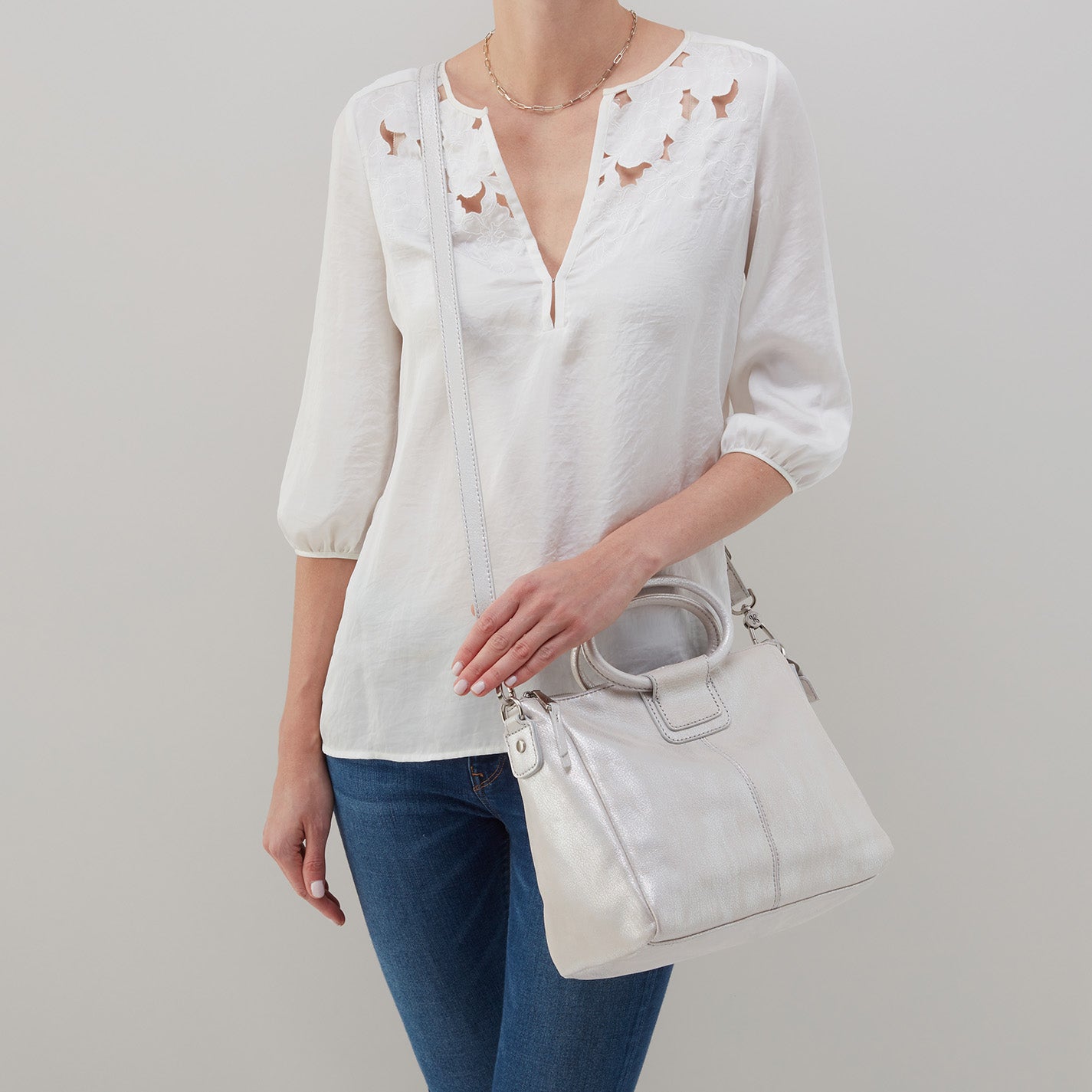 Sheila Medium Satchel In Metallic Leather - Silver - Image 2