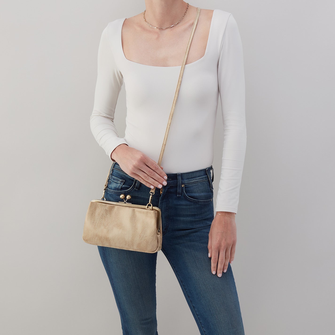 Lauren Frame Crossbody in Metallic Leather - Gold Leaf - Image 3