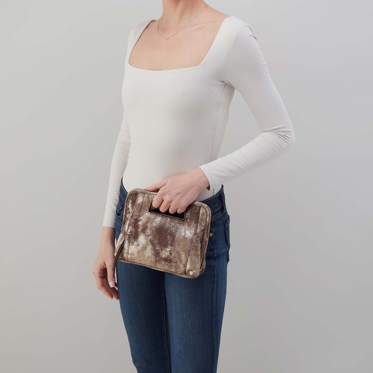 Ace Clutch in Metallic Leather - Cocoa Platinum - Image 3