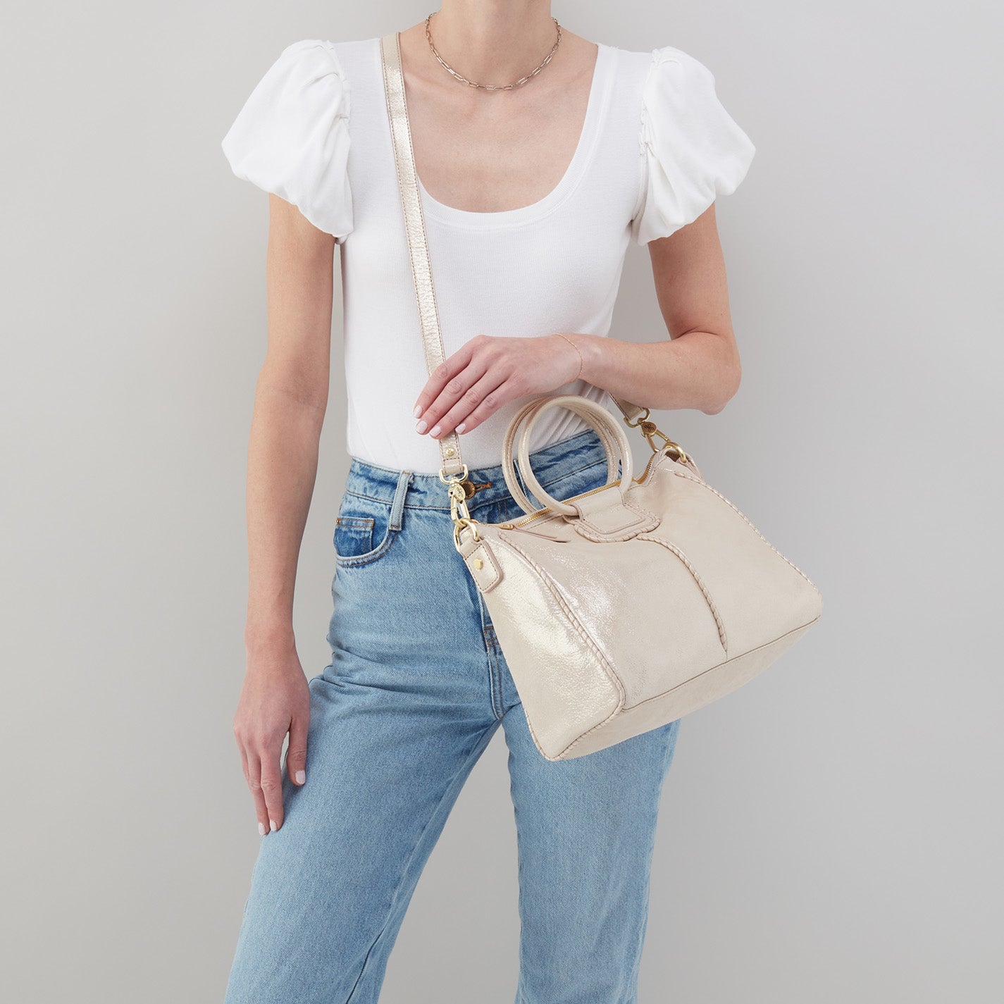 Sheila Medium Satchel In Metallic Leather - Sand Shimmer - Image 3