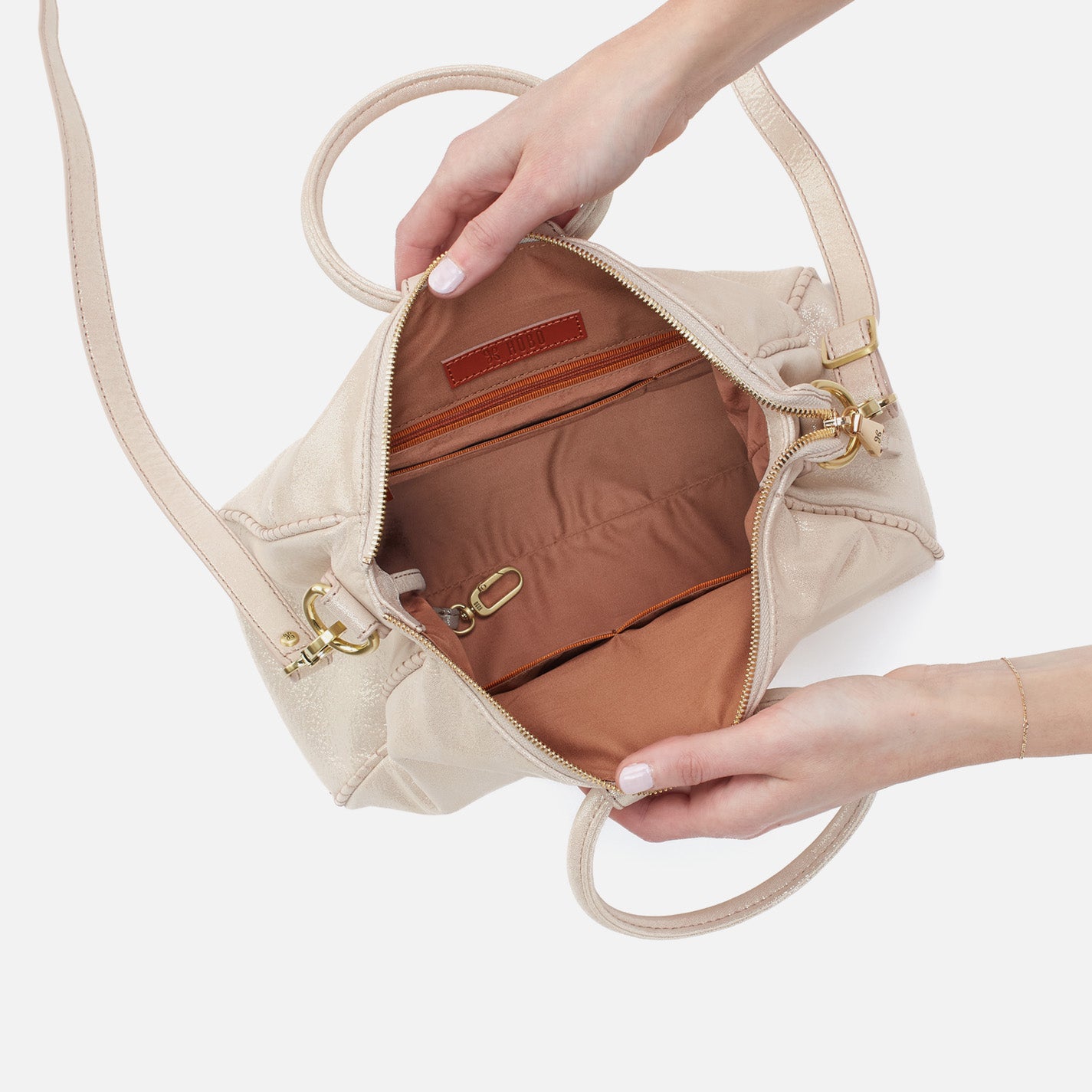 Sheila Medium Satchel In Metallic Leather - Sand Shimmer - Image 4