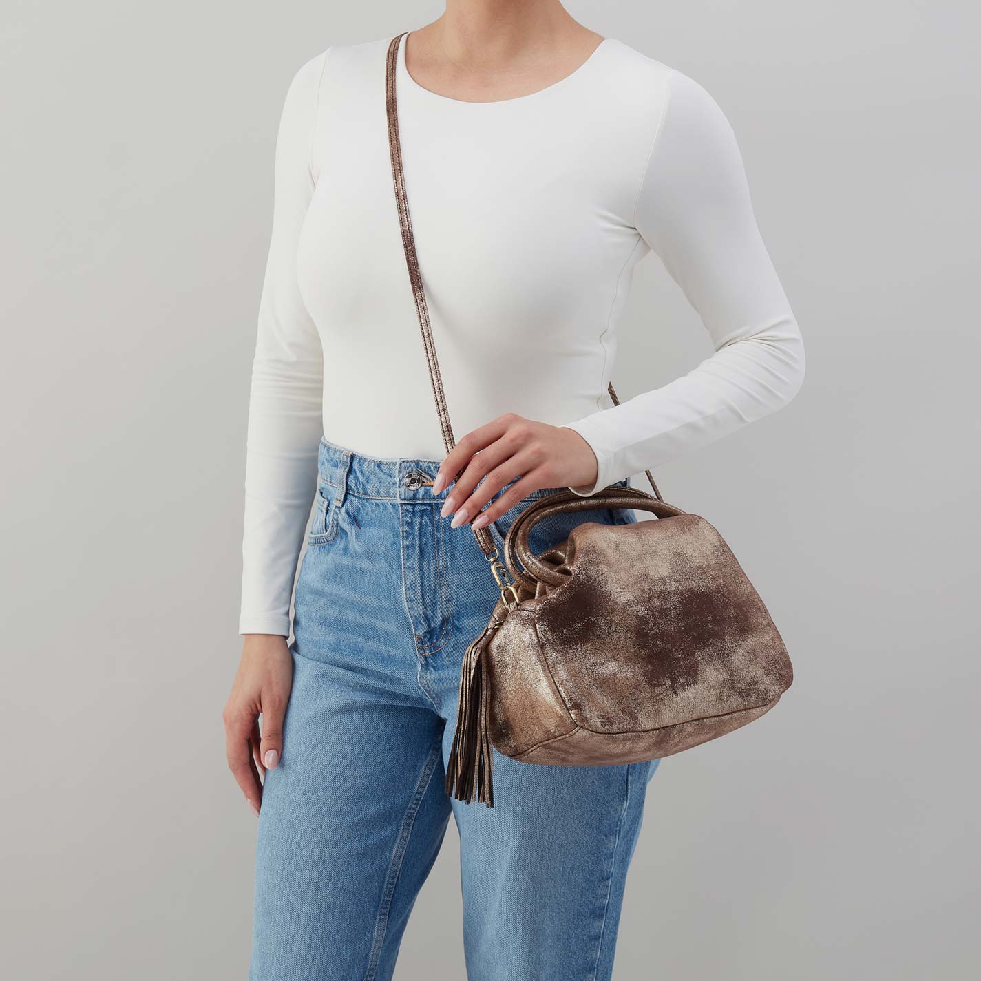 Darling Small Satchel in Metallic Leather - Cocoa Platinum - Image 3