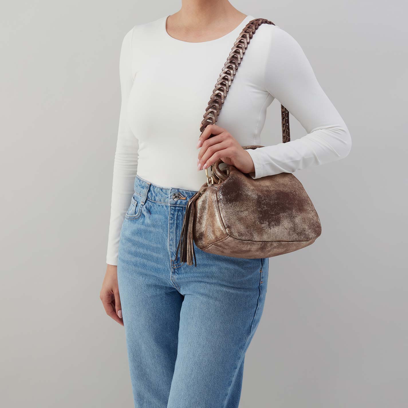 Darling Small Satchel in Metallic Leather - Cocoa Platinum - Image 5