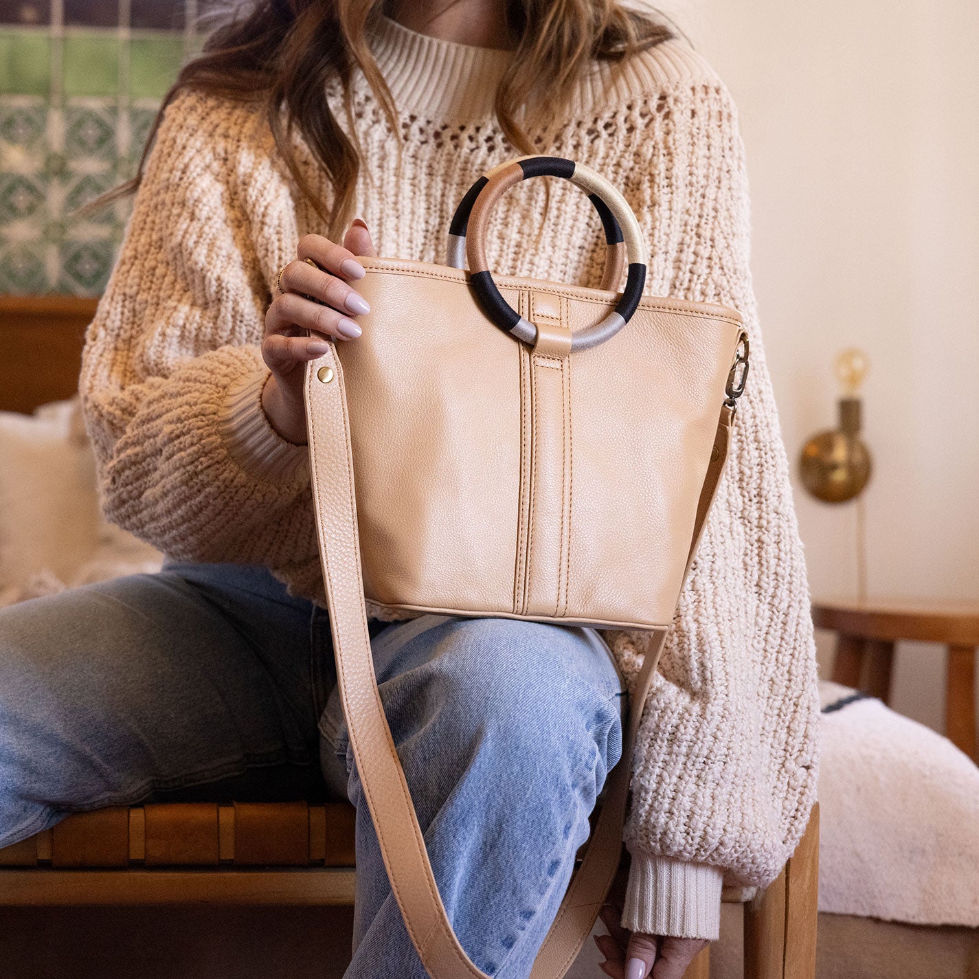 Luna Small Tote In Pebbled Leather - Porcini - Image 2