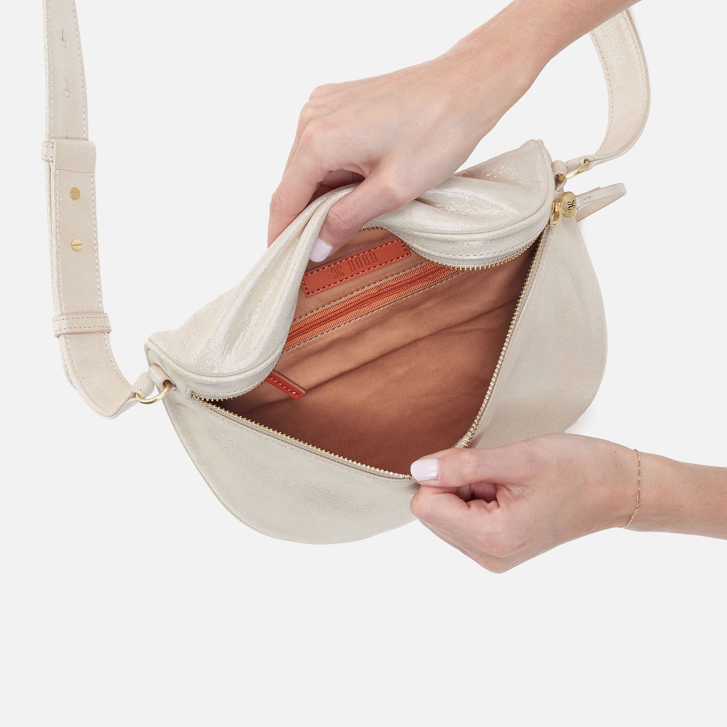 Juno Belt Bag In Metallic Leather - Sand Shimmer - Image 3