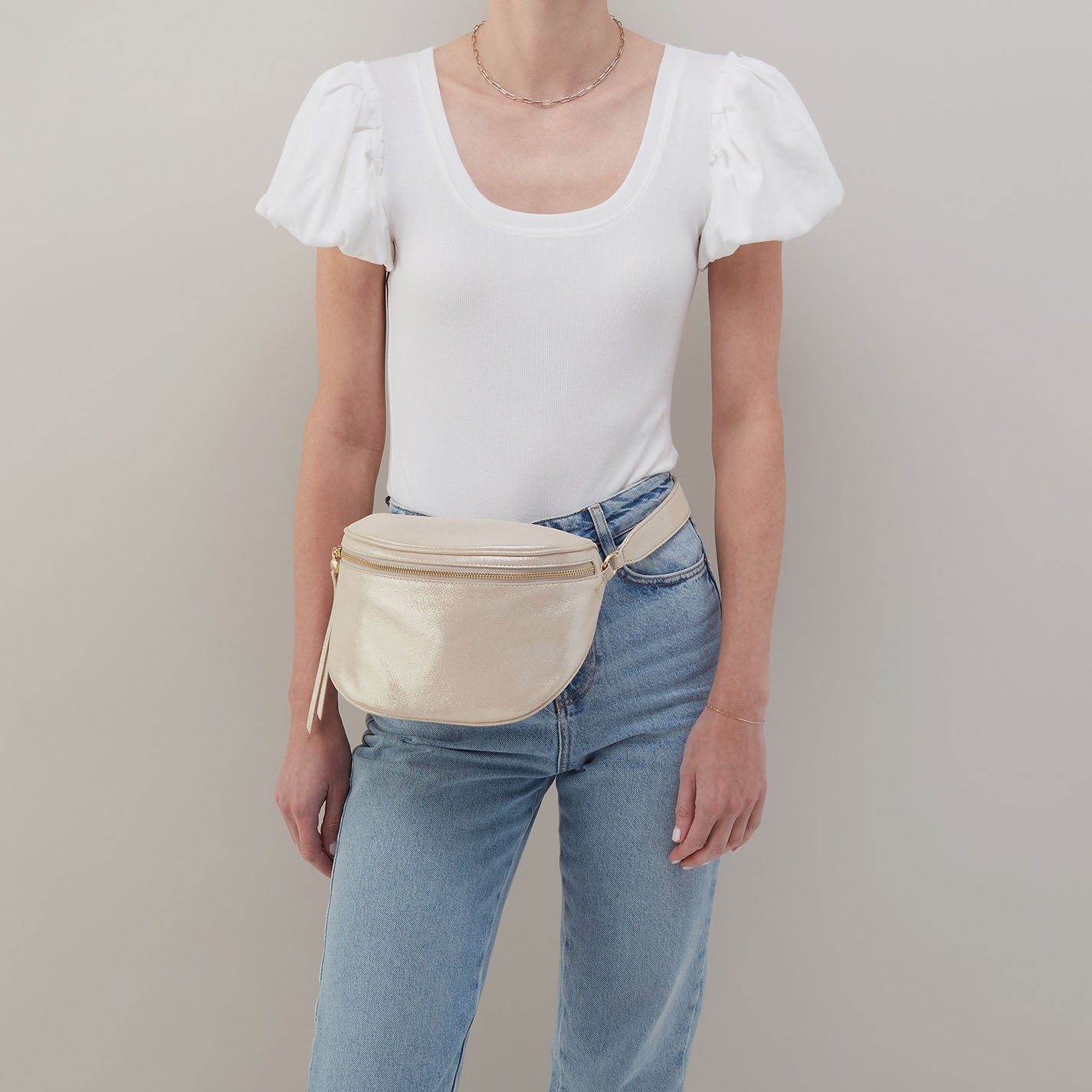 Juno Belt Bag In Metallic Leather - Sand Shimmer - Image 4