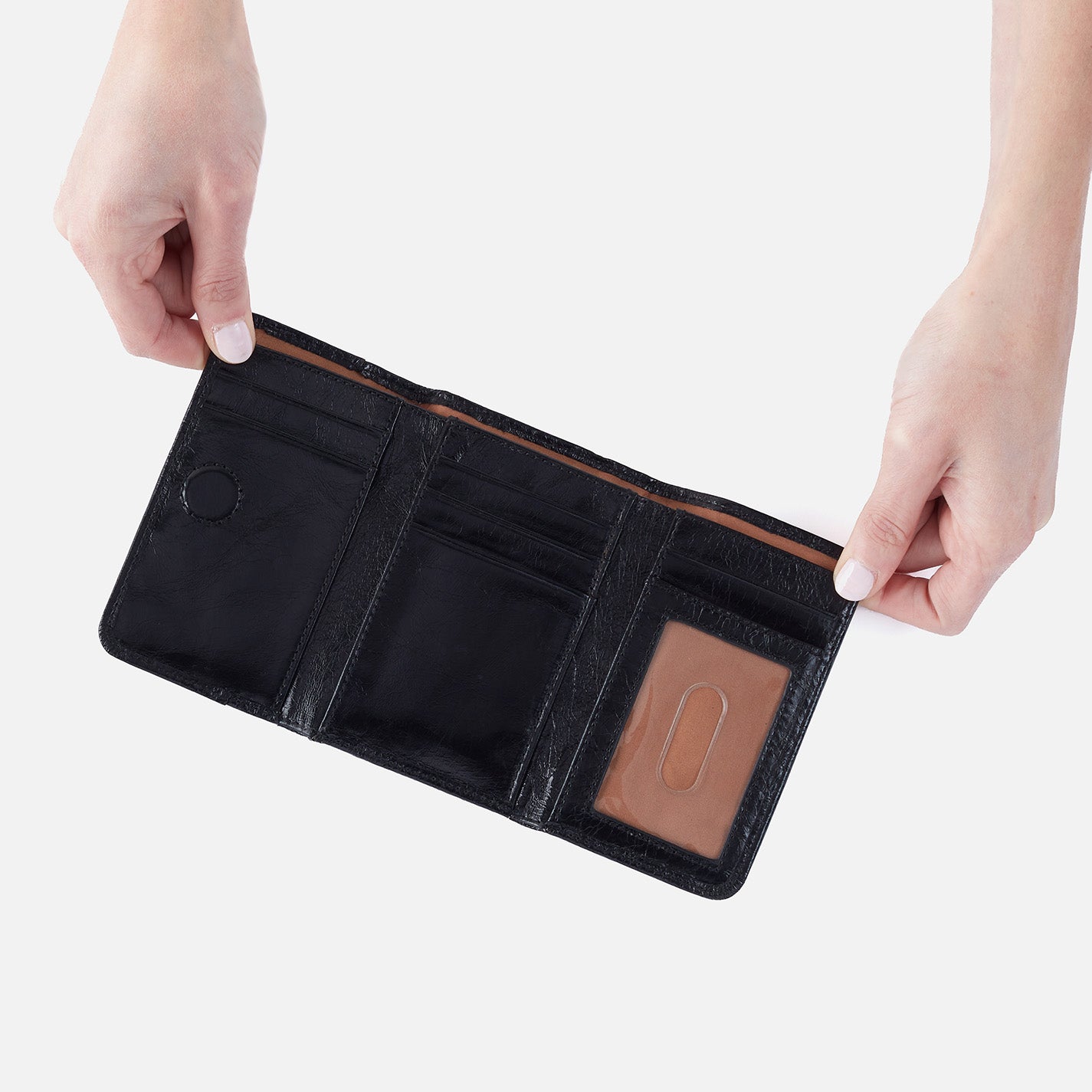 Jill Trifold Wallet in Polished Leather - Black - Image 2