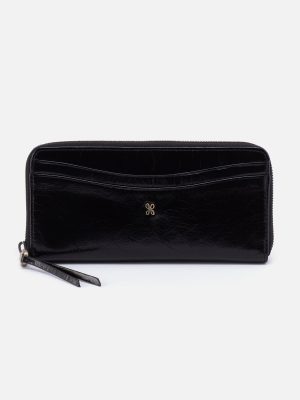 Max Large Zip Around Wallet in Polished Leather - Black