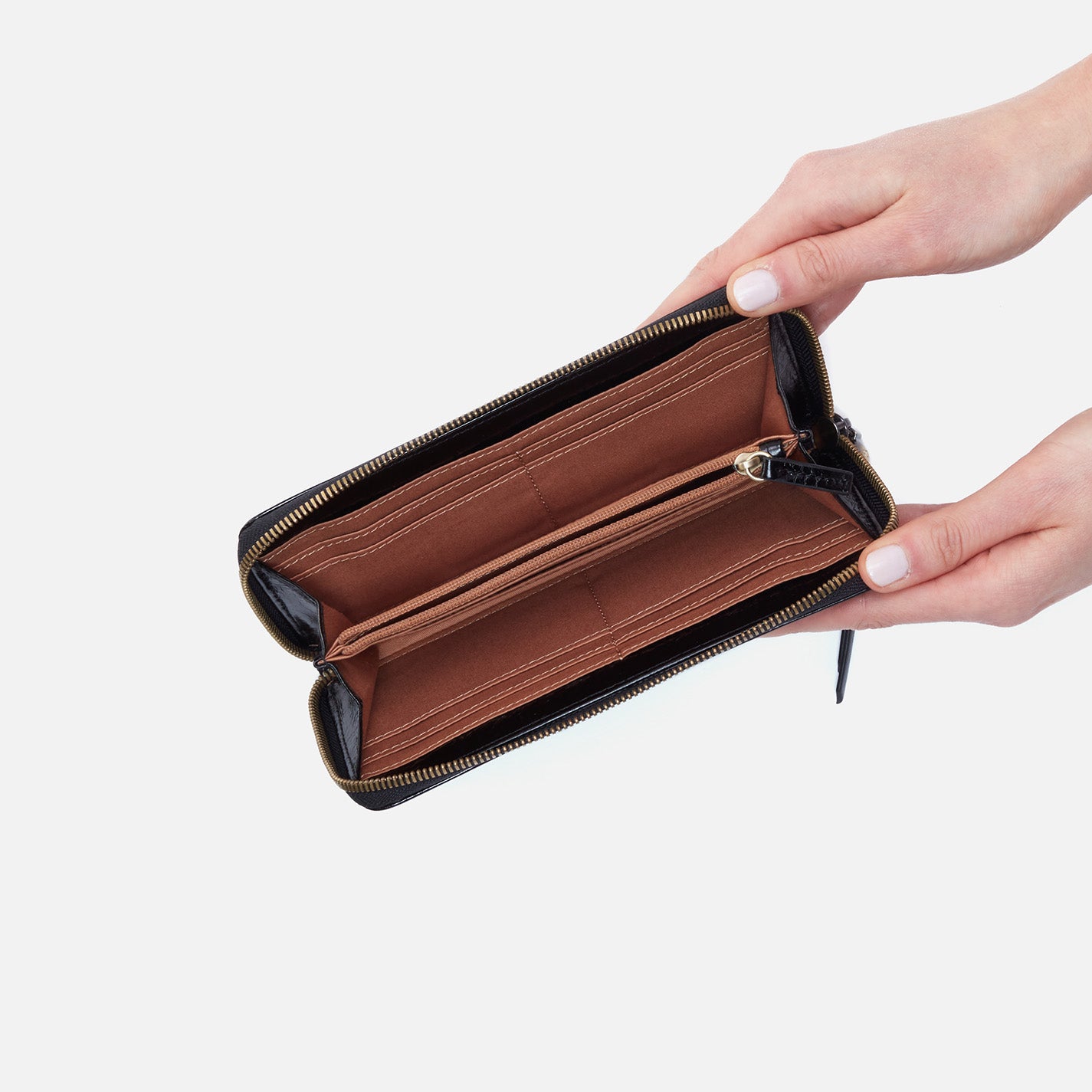 Max Large Zip Around Wallet in Polished Leather - Black - Image 2