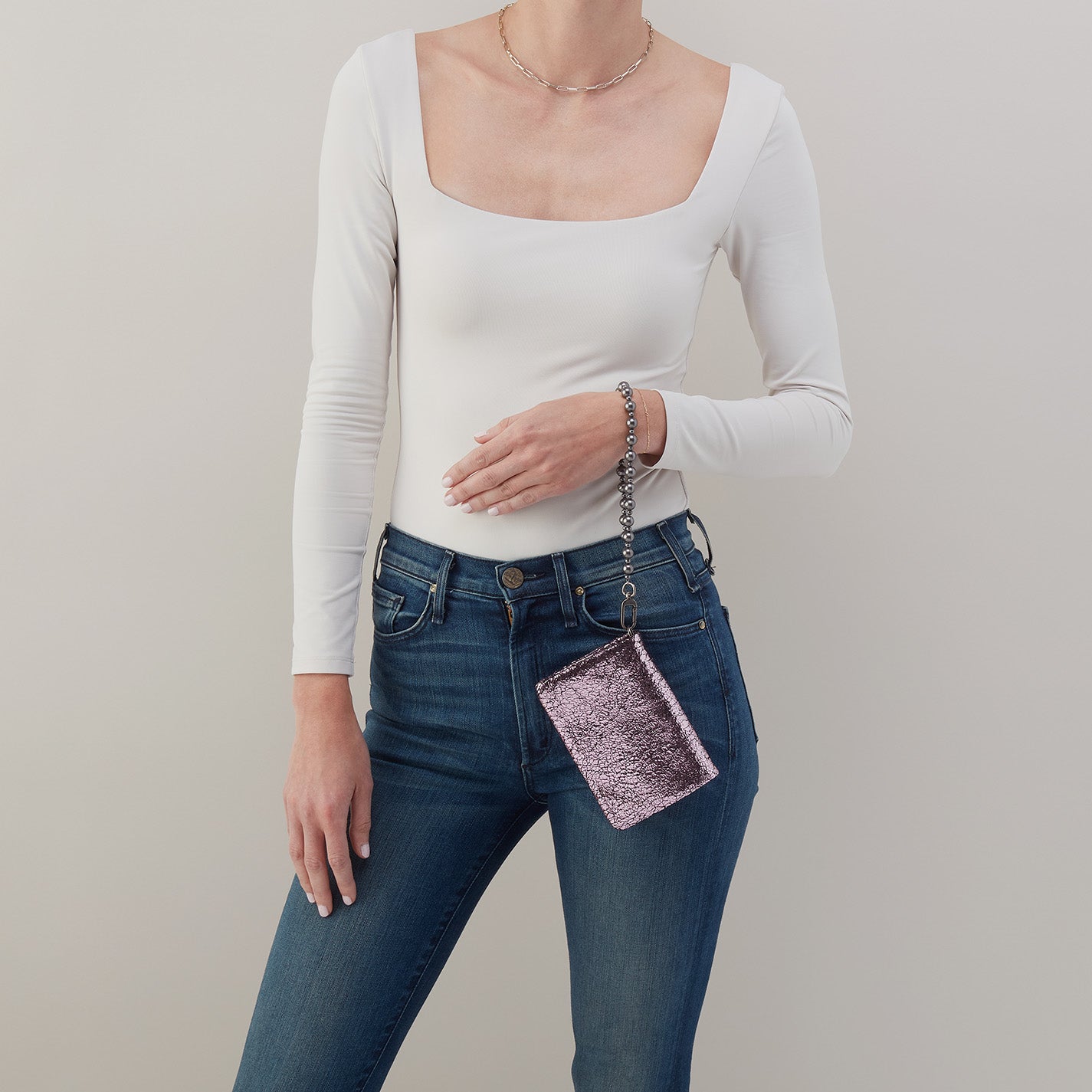 Ross Bead Wristlet In Metallic Leather - Blush Crackle - Image 3