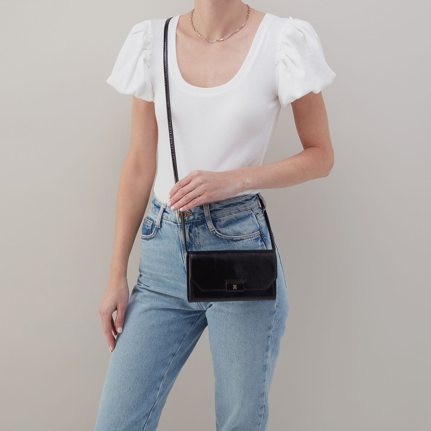 Romy Wallet Crossbody in Polished Leather - Black - Image 2