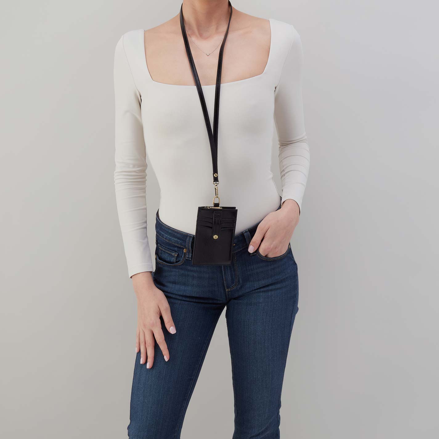 Around Town Lanyard in Polished Leather - Black - Image 2