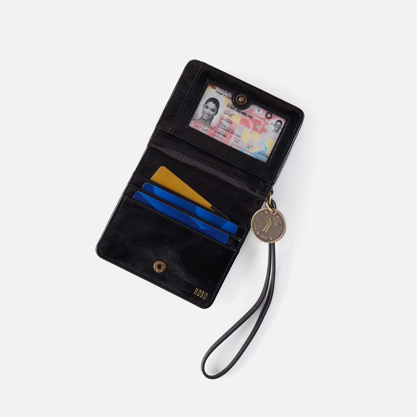Coin Wristlet Wallet in Polished Leather - Black - Image 3