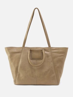 Sheila East-West Tote In Metallic Leather - Burnished Sage