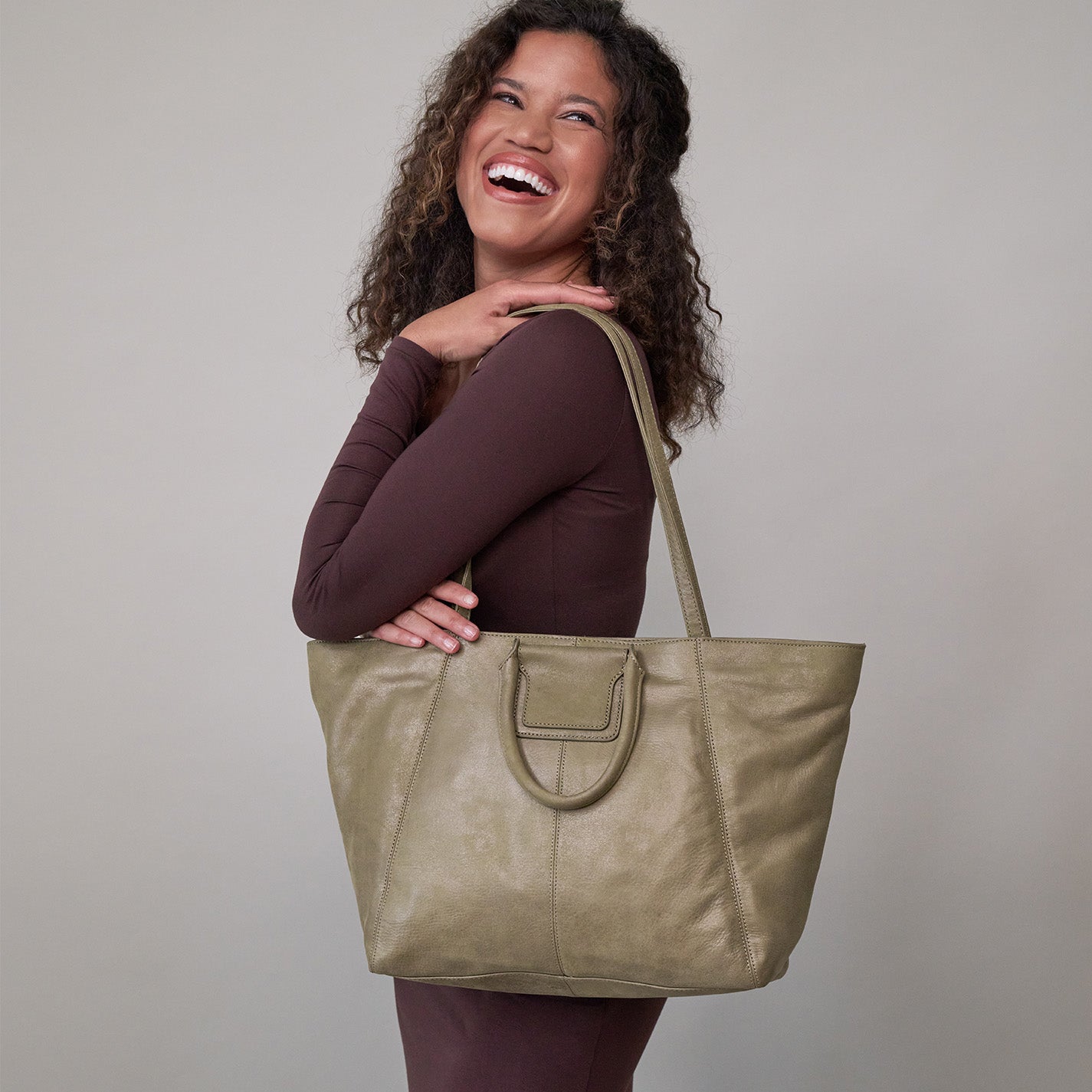 Sheila East-West Tote In Metallic Leather - Burnished Sage - Image 2