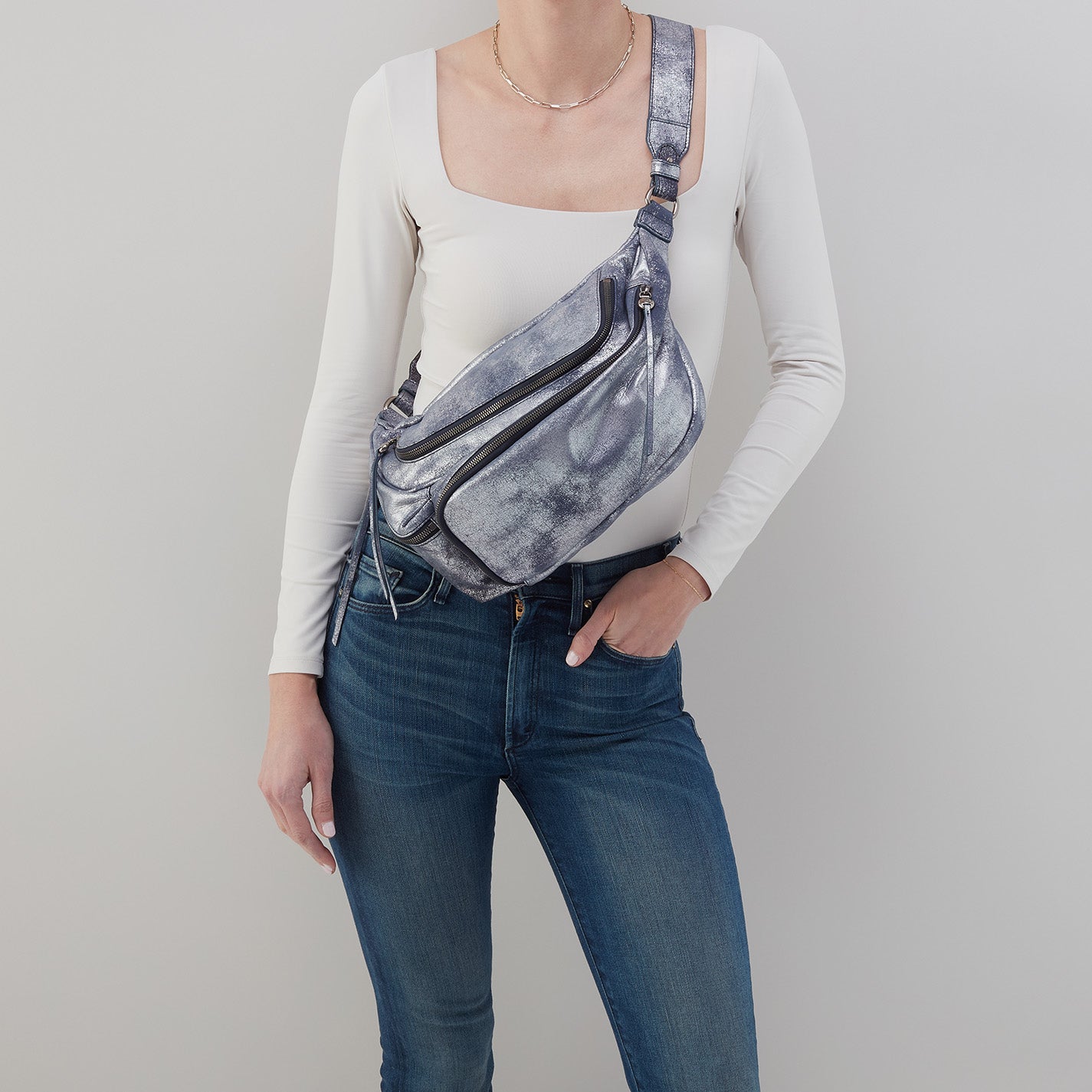Via Belt Bag Sling In Metallic Leather - Blue Pewter - Image 2