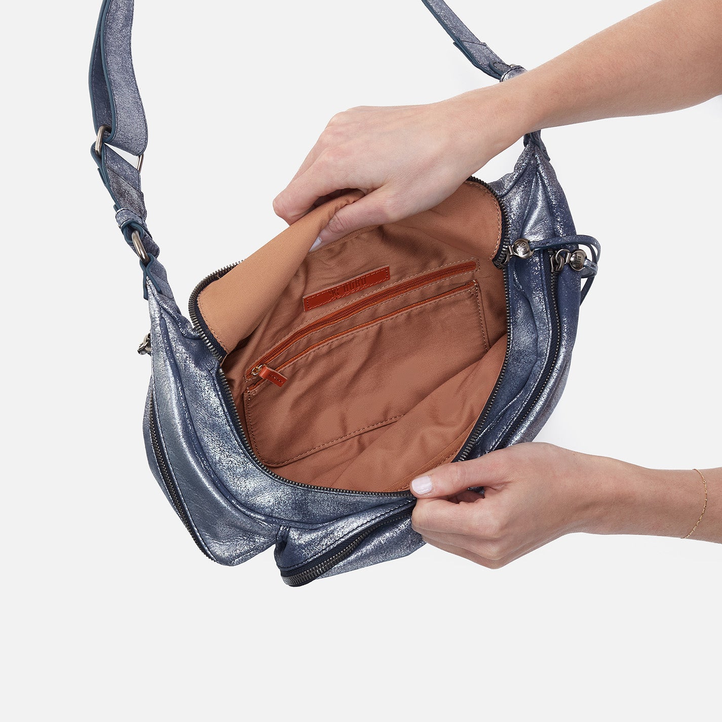 Via Belt Bag Sling In Metallic Leather - Blue Pewter - Image 3