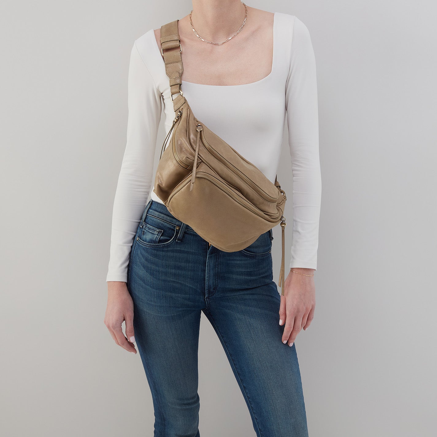 Via Belt Bag Sling In Metallic Leather - Burnished Sage - Image 2