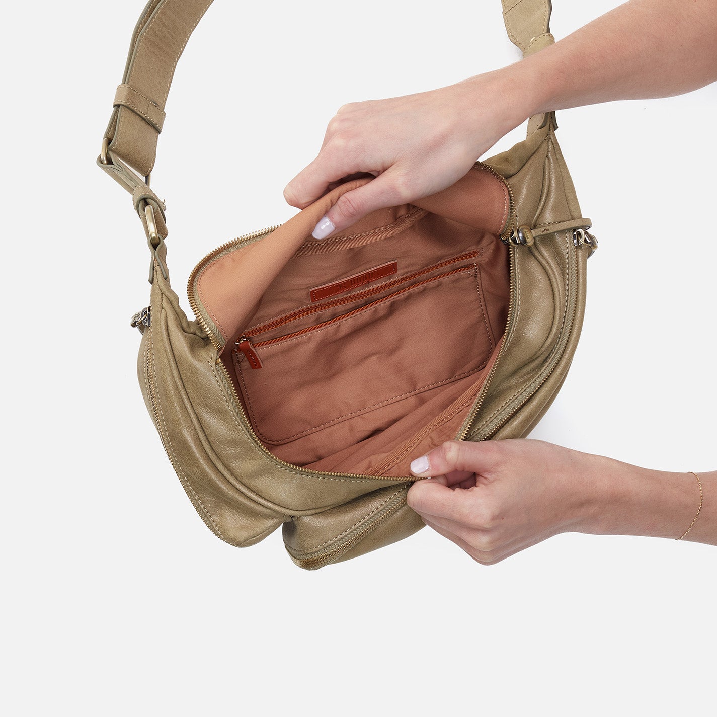 Via Belt Bag Sling In Metallic Leather - Burnished Sage - Image 3