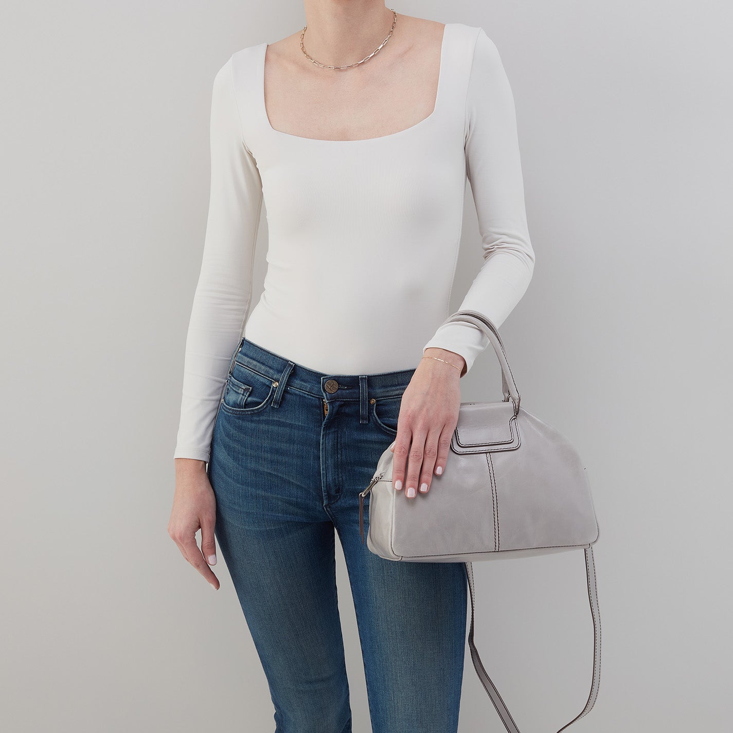 Sheila Drop Handle Satchel In Polished Leather - Light Grey - Image 3