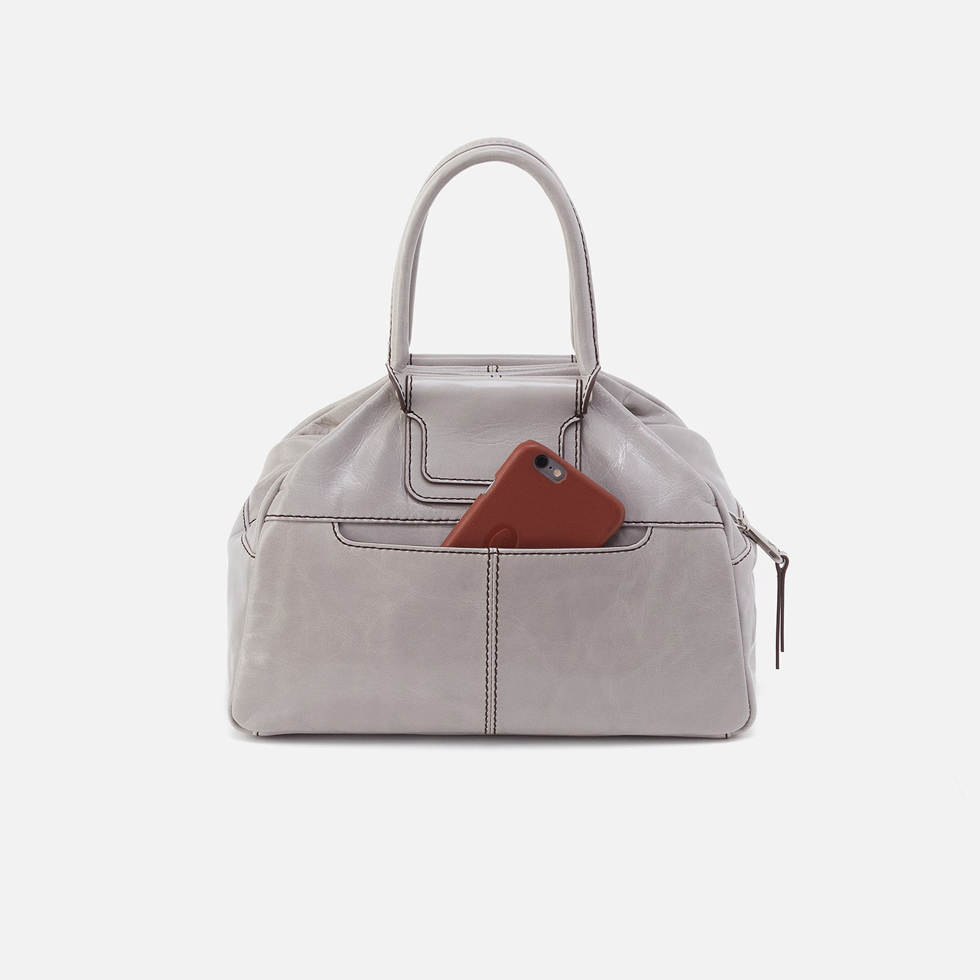 Sheila Drop Handle Satchel In Polished Leather - Light Grey - Image 5