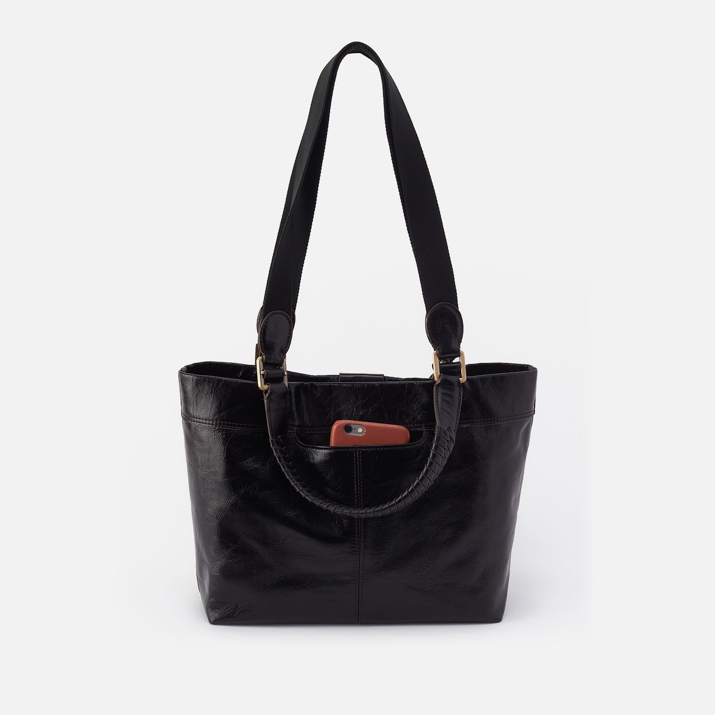 Romy Medium Tote in Polished Leather - Black - Image 4