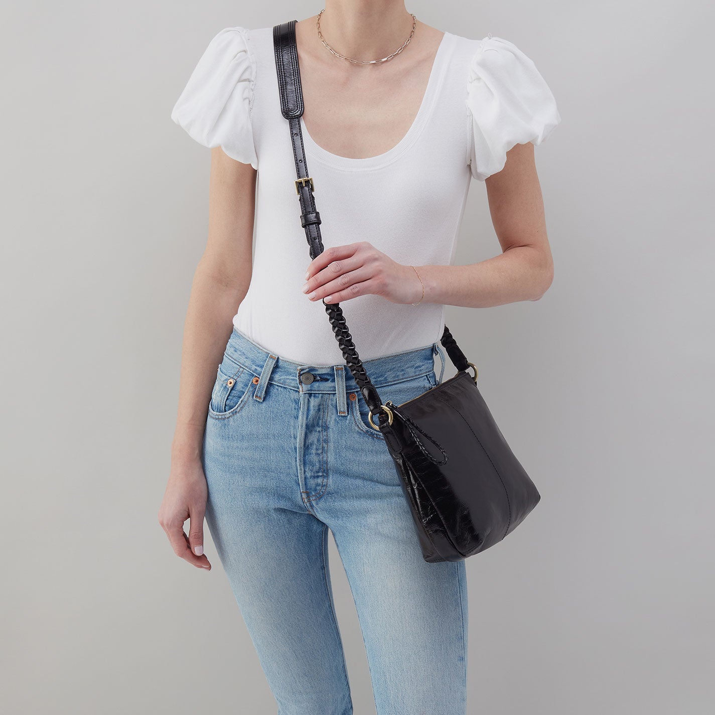 Lasso Medium Crossbody in Polished Leather - Black - Image 2